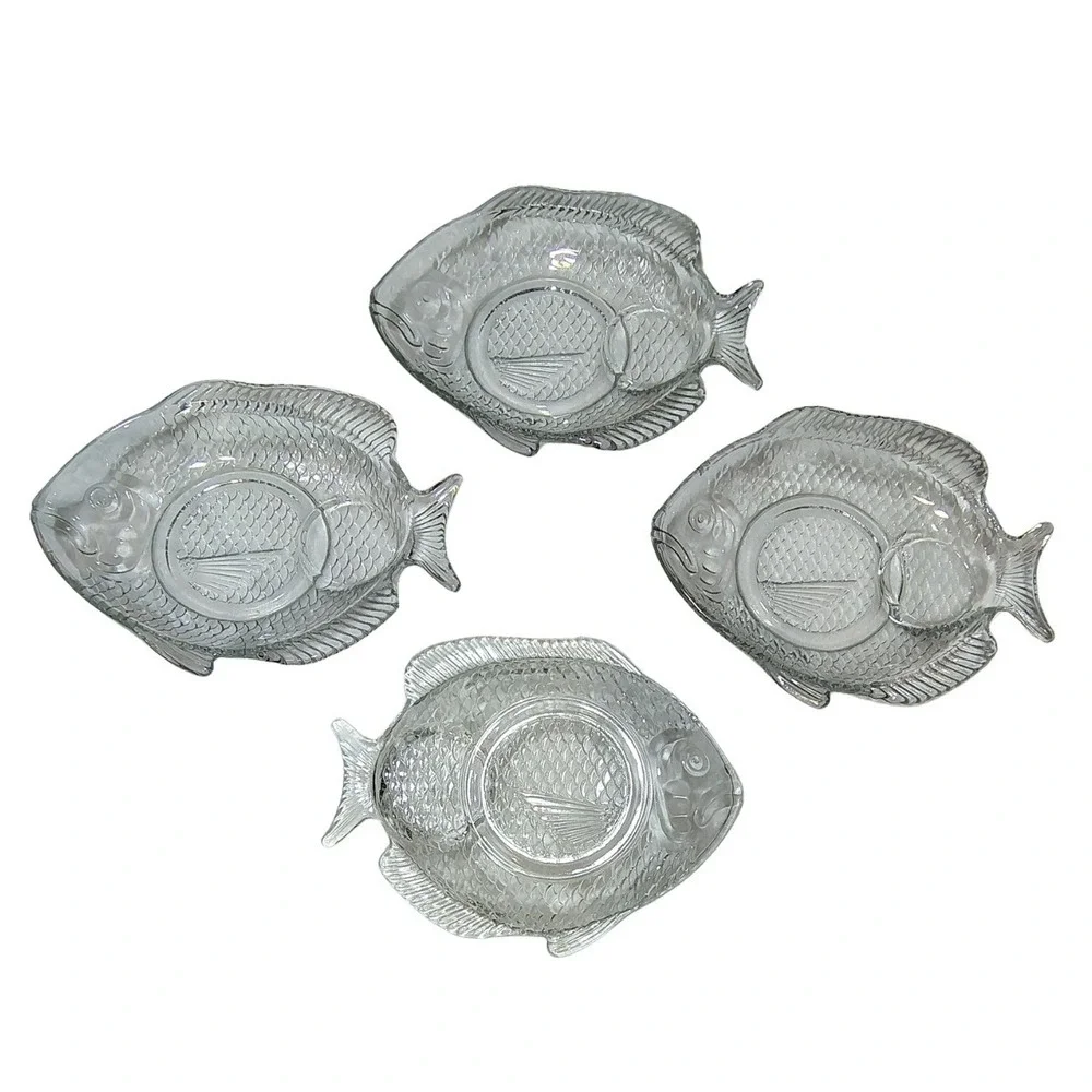 Vintage Clear Glass Fish Shaped Appetizer Plates Set of 4 Embossed Beach House